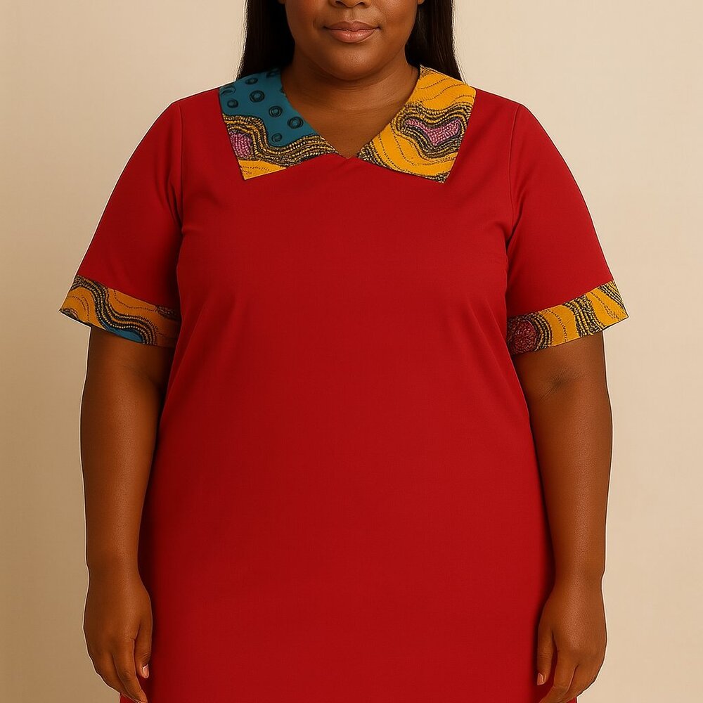 Ankara Contrast Collar & Cuff Red Dress Size 14/16